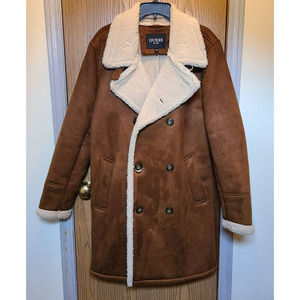 GUESS Men's Faux Shearling Overcoat Winter Coat Brown Large Sherpa